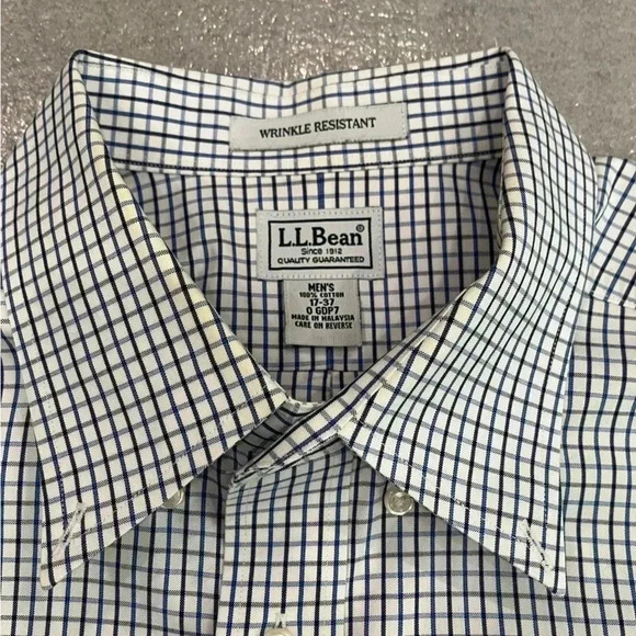 [17]LL Bean Blue Mini Check Oxford  Wrinkle Resistant Dress Shirt - Picture 3 of 10